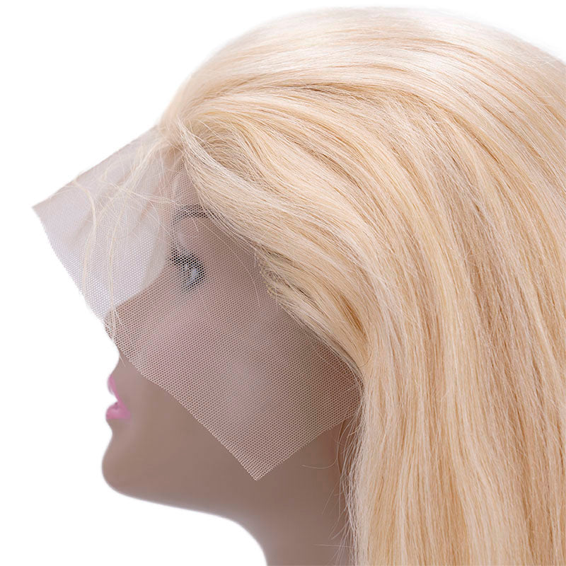 Up close view of lace on blonde straight lace front wig