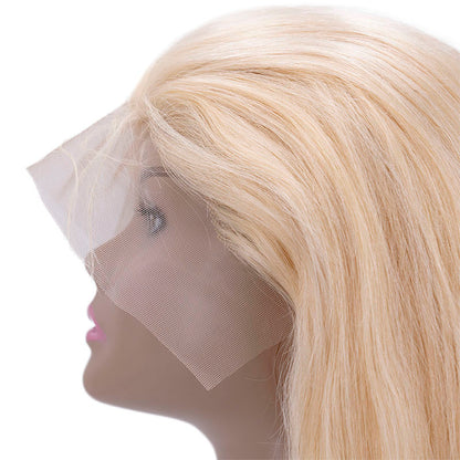 Up close view of lace on blonde straight lace front wig