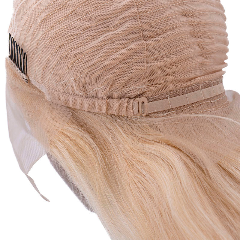 Up close view of the inside of blonde straight lace front wig