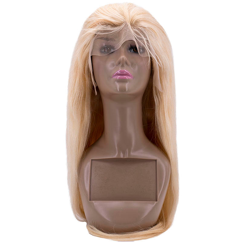 Blonde straight lace front wig on mannequin
