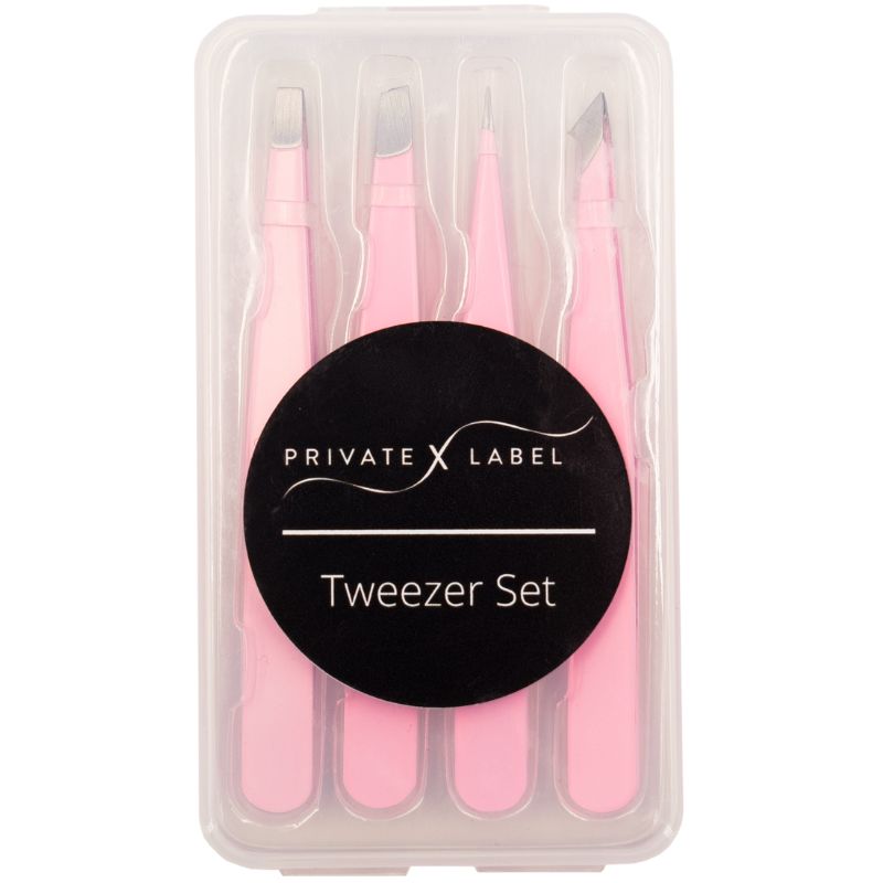 up close front shot of private label pink tweezer set