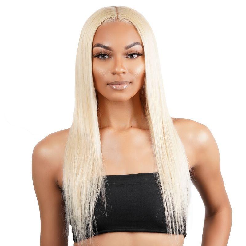 Model wearing blonde straight lace front wig