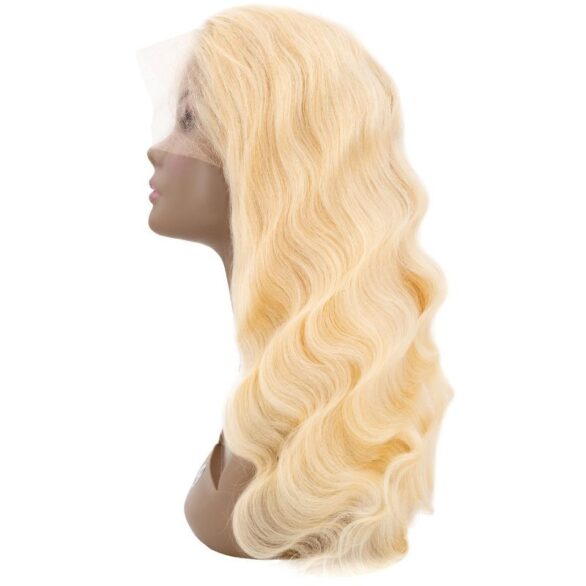 Blonde body wave full lace wig on mannequin