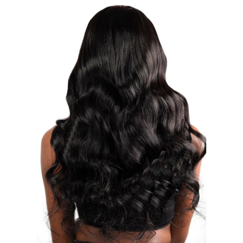Back of models head wearing body wave lace front wig