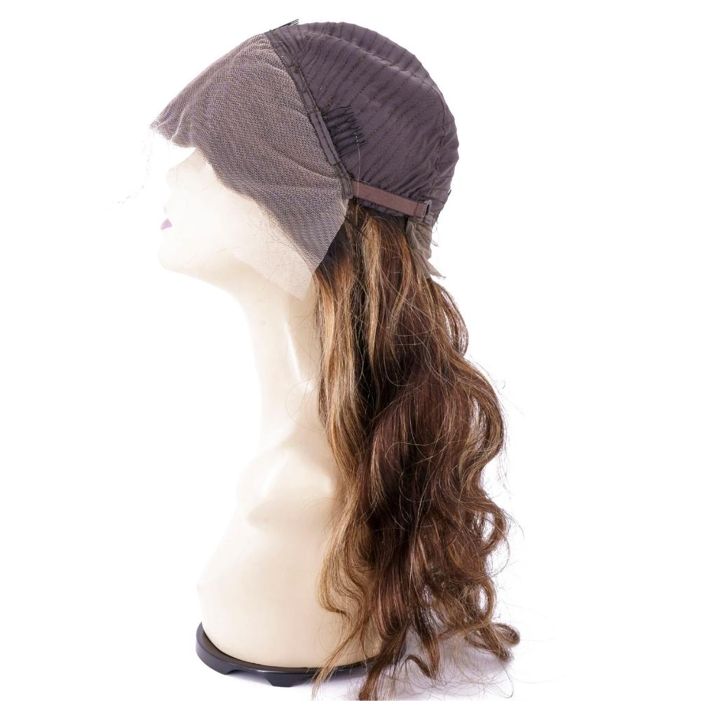 side and inside cap view of Custom Body Wave Dark Highlight Transparent Lace 180% Density Wig