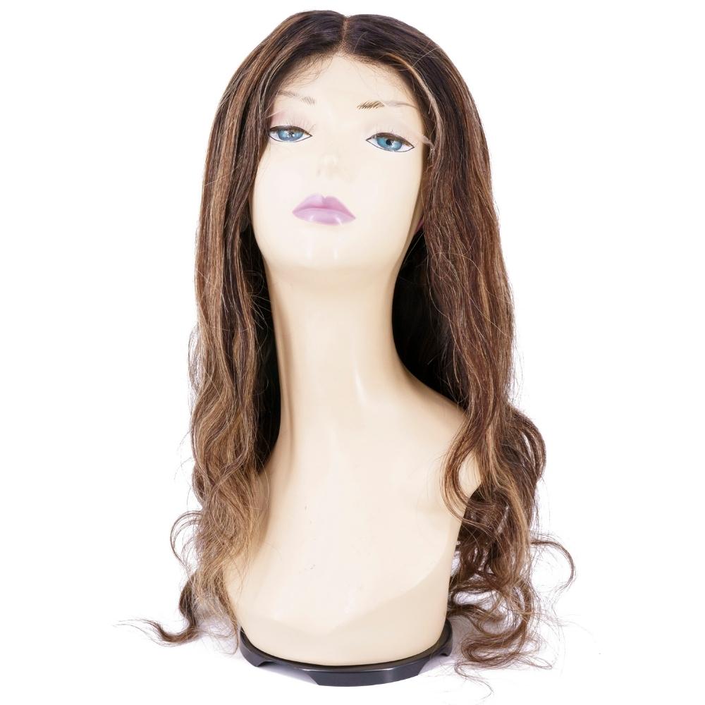 front of Custom Body Wave Dark Highlight Transparent 180% density Lace front Wig on mannequin
