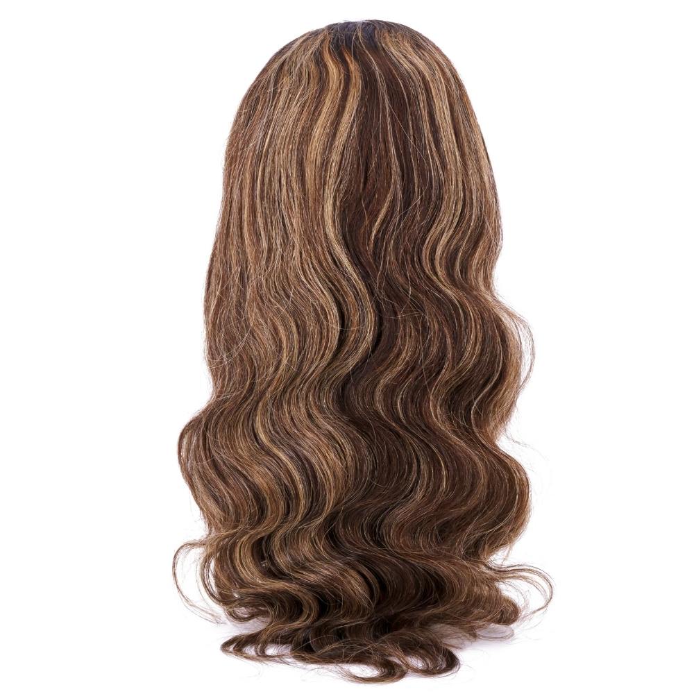 back of custom dark highlight body wave 180% density lace front wig