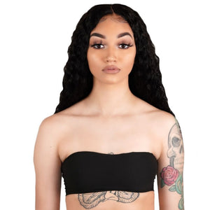 Model wearing deep wave lace front wig