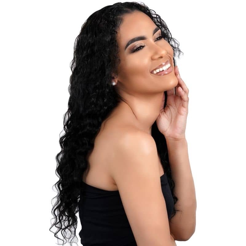 model smiling wearing u part deep wave wig