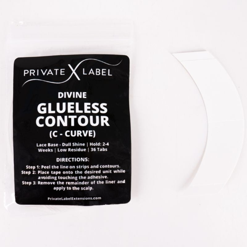 front of glueless contour C curve label with lace tape beside it