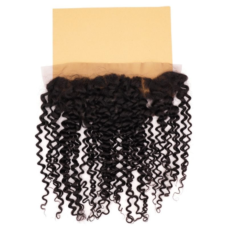 Kinky Curly Frontal on tan background