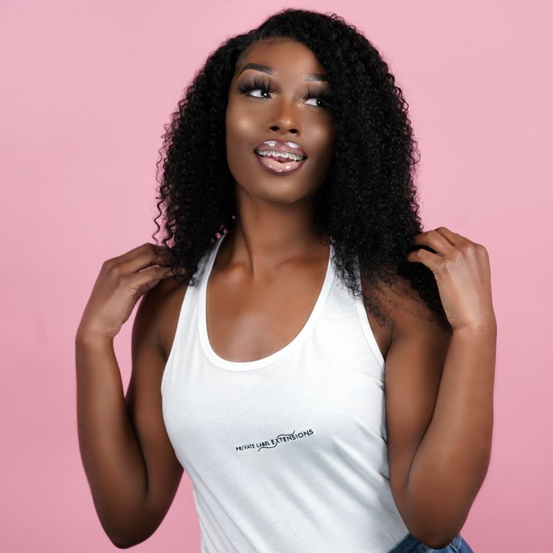 Model wearing kinky curly hair
