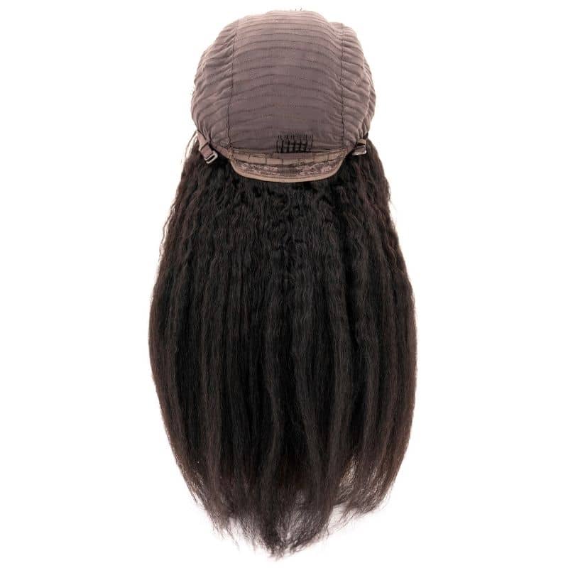 back view of kinky straight closure wig showing combs inside cap