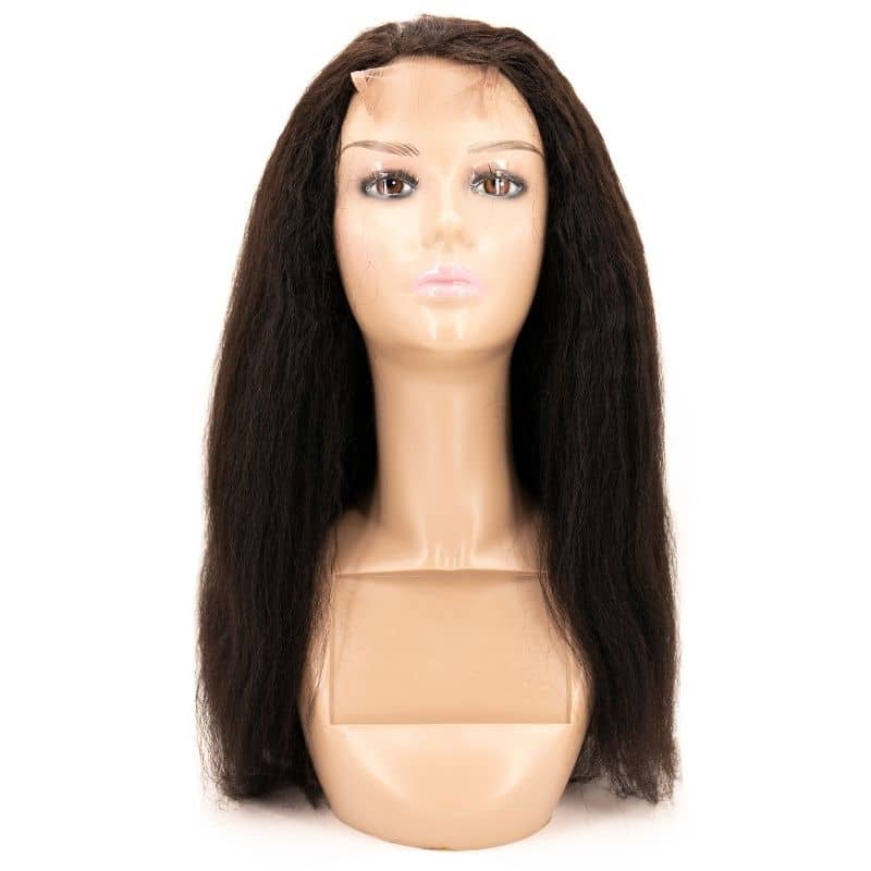 front view of kinky straight closure wig on mannequin