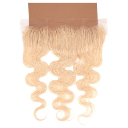 Russian Blonde Body Wave Frontal on brown background
