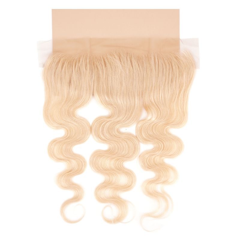 Russian blonde body wave lace frontal on cream background