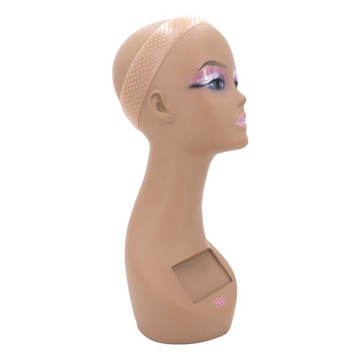 side view of cream silicone wig grip band on mannequin