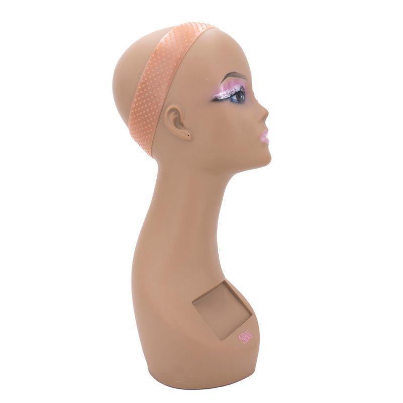 side view of tan silicone wig grip band on mannequin
