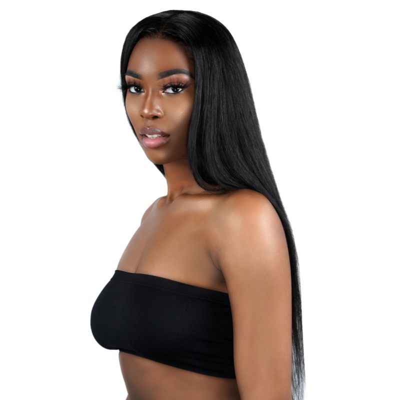 Model wearing straight lace front wig